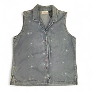 Vintage Erika Blue Denim Floral Embroidered Summer Top Womens’ size XL
